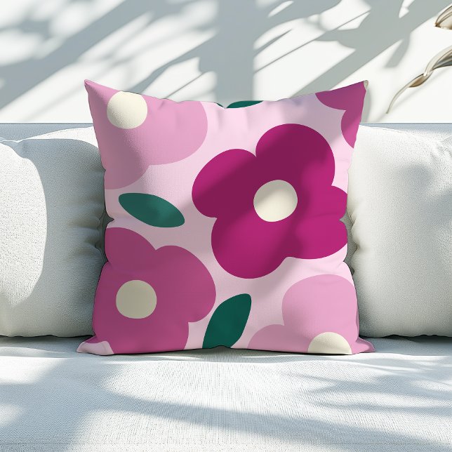 Magenta Roze Abstract Retro Bloempatroon Kussen (magenta pink abstract flower throw pillow)