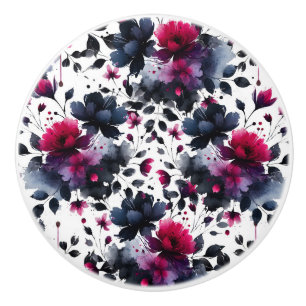 Magenta Roze & Blauwe Inktachtige Bloemige Waterve Keramische Knop