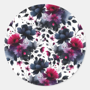 Magenta Roze & Blauwe Inktachtige Bloemige Waterve Ronde Sticker