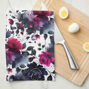 Magenta Roze & Blauwe Inktachtige Bloemige Waterve Theedoek