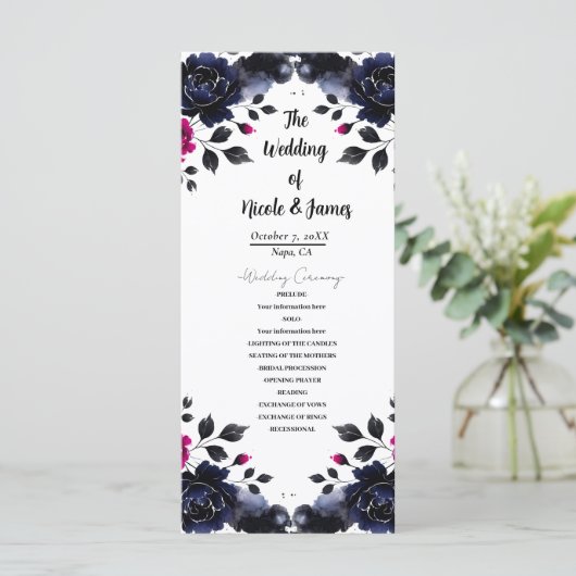 Magenta Roze & Blauwe Inky Bloemen Waterverf Progr Programma (Staand voorkant)