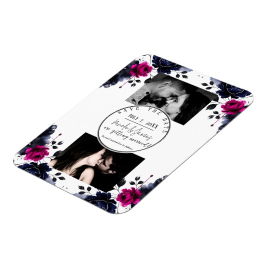 Magenta Roze Blauwe Inky Floral Waterverf Save Dat Magneet (Linkerzijde)