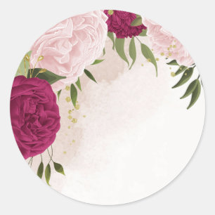 magenta roze bloemen groen bruiloft ronde sticker