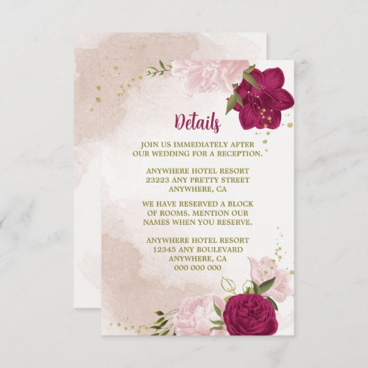 Magenta roze bloemen groene bladeren informatiekaartje (Voorkant / Achterkant)