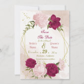 Magenta roze bloemen groene bladeren save the date (Voorkant)