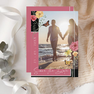 Magenta Roze Boho Wildflower Foto Bewaar de Datum Save The Date