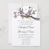 Magenta roze en grijze  vogelwoud bruiloft kaart (Voorkant)