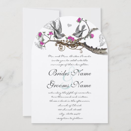 Magenta roze en grijze  vogelwoud bruiloft kaart (Voorkant)