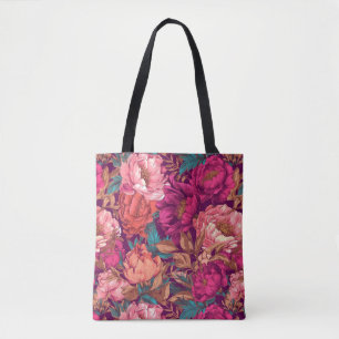 Magenta Roze en Teal Maximalistische Bloemen Draagtas