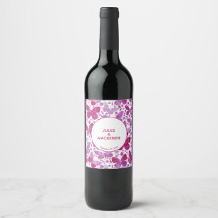 Magenta roze en witte watecolor Butterflies Wijn Etiket