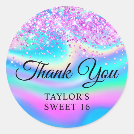 Magenta roze glitter iriserend zoet 16 dank u ronde sticker (Voorkant)