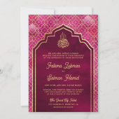 Magenta Roze Goud Marokkaanse Arch Moslim Bruiloft Kaart (Voorkant)