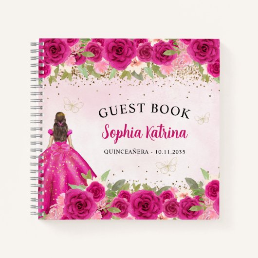 Magenta Roze Gouden Bloemen Prinses Quinceañera Notitieboek (Voorkant)