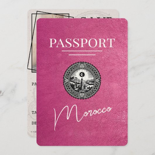 Magenta Roze Marokko Paspoort Bewaar de datum Save The Date (Voorkant / Achterkant)