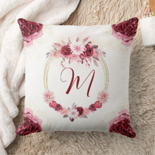 Magenta Roze Monogram Waterverf Bloemenkrans Kussen