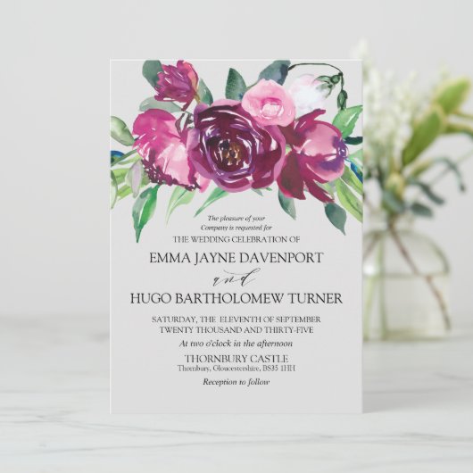 Magenta & roze roze rode dove grijs bruiloft kaart (Staand voorkant)