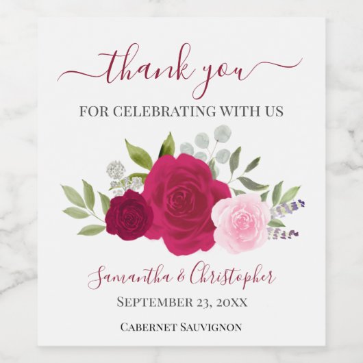 Magenta & Roze Rozen Elegante bruiloft Bedankt Wijn Etiket (Enkel label)