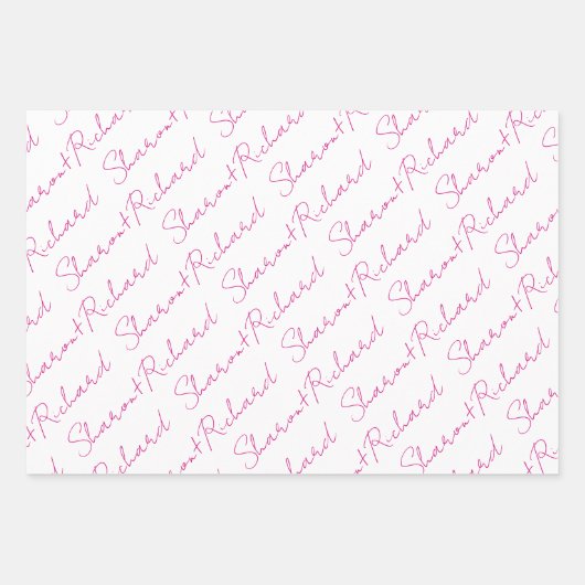 Magenta roze script kalligrafie namen bruiloft inpakpapier vel (Voorkant 3)