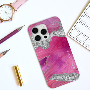 Magenta Roze Swirl Agaat Geode Zilver Glitter iPhone 15 Pro Max Hoesje