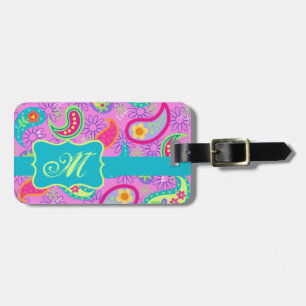 Magenta roze Turquoise Modern Paisley Monogram Bagagelabel