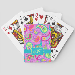 Magenta roze Turquoise Modern Paisley Monogram Speelkaarten