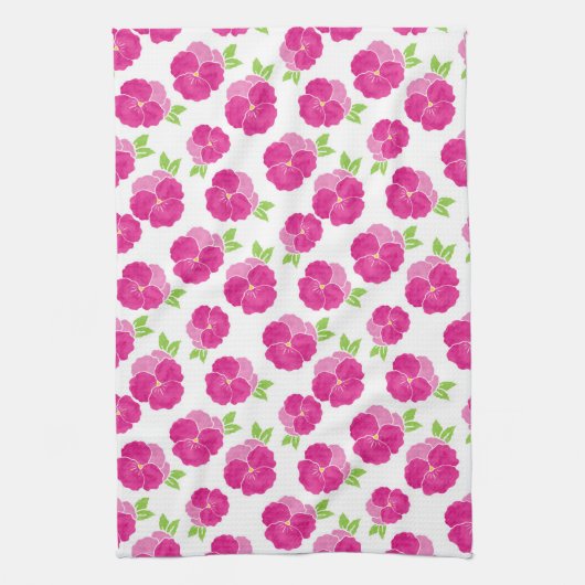Magenta roze Waterverf Pansies Theedoek (Verticaal)