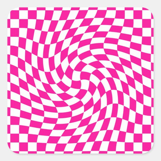 Magenta Roze & Wit Warped Chic Checkered Pattern Vierkante Sticker (Voorkant)