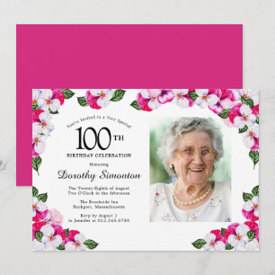 Magenta roze witte foto 100th Birthday Kaart