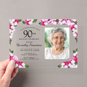 Magenta roze witte foto 90th Birthday Acryl Uitnodigingen