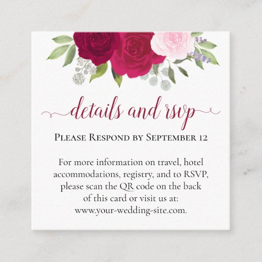 Magenta Rozen Bruiloftsdetails & RSVP QR-code Informatiekaartje (Voorkant)