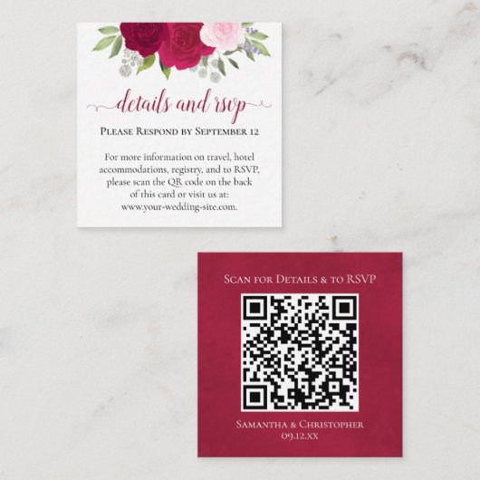 Magenta Rozen Bruiloftsdetails & RSVP QR-code Informatiekaartje (Voorkant / Achterkant)