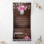 Magenta Rozen Mason Jar String Lights Huwelijk Drieluik Uitnodiging (Binnen)