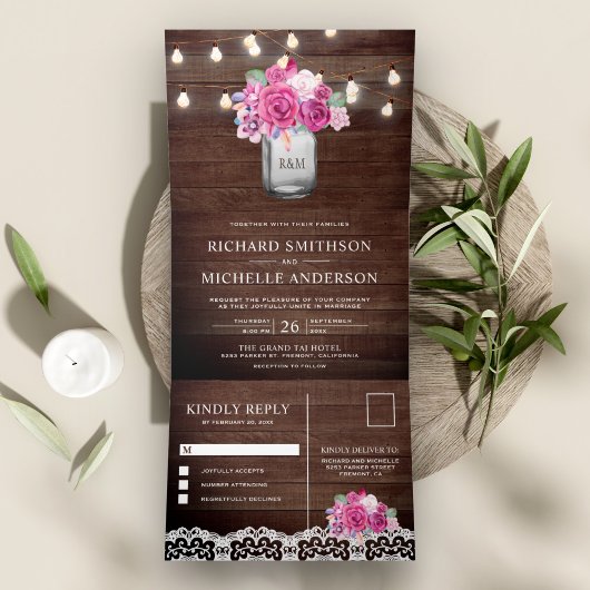 Magenta Rozen Mason Jar String Lights Huwelijk Drieluik Uitnodiging