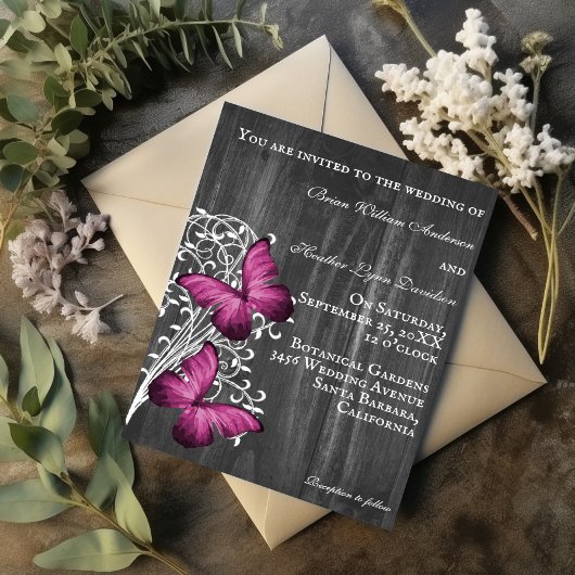 Magenta Rustic Butterfly Faire-part de mariage