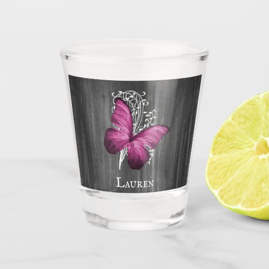 Magenta Rustic Butterfly - gepersonaliseerd warm g Shot Glas (Voorkant)