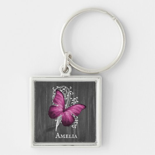 Magenta Rustic Butterfly Personalized Sleutelhange Sleutelhanger (Voorkant)