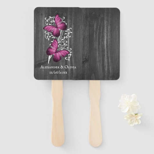 Magenta Rustic Butterfly Wedding Favor Hand Fan Handwaaier (Voorkant en achterkant)