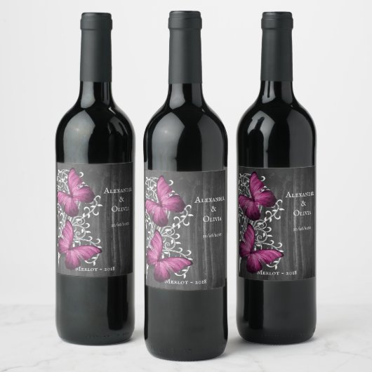 Magenta Rustic Butterfly Wine Label Wijn Etiket (Flessen)