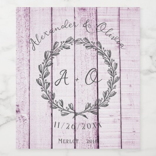 Magenta Rustic Monogram Mariage Étiquette de vin (Étiquettes simples)