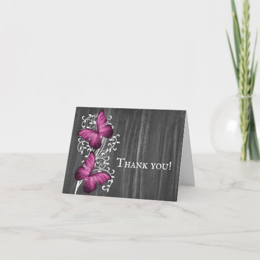 Magenta Rustic Papillon Mariage Merci Cartes (Devant)