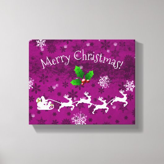 Magenta Santa's Sleigh and Reindeer Canvas afdrukk (Voorkant)