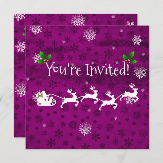 Magenta Santa's Sleigh and Reindeer Invitation Kaart (Voorkant / Achterkant)