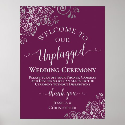 Magenta & Silver Chic Unplugged Wedding Ceremony Poster (Voorkant)