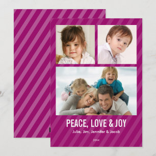 Magenta Stripes Triple Photo Holiday Card Feestdagenkaart