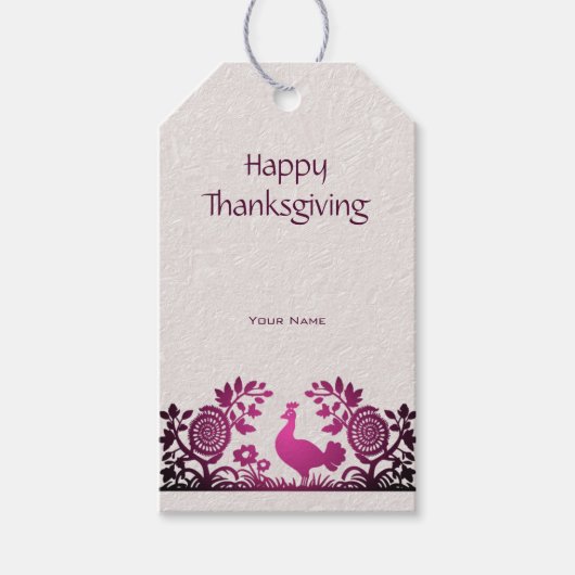 Magenta Thanksgiving Turkije Bloemen Gift Label Cadeaulabel (Voorkant)