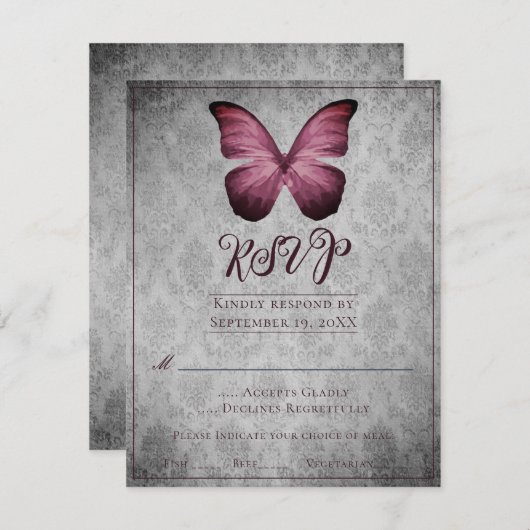 Magenta Vintage Papillon Mariage damassé RSVP (Devant / Derrière)