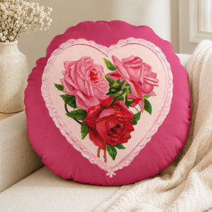 Magenta Vintage Rose Hart Valentijn Rond Kussen