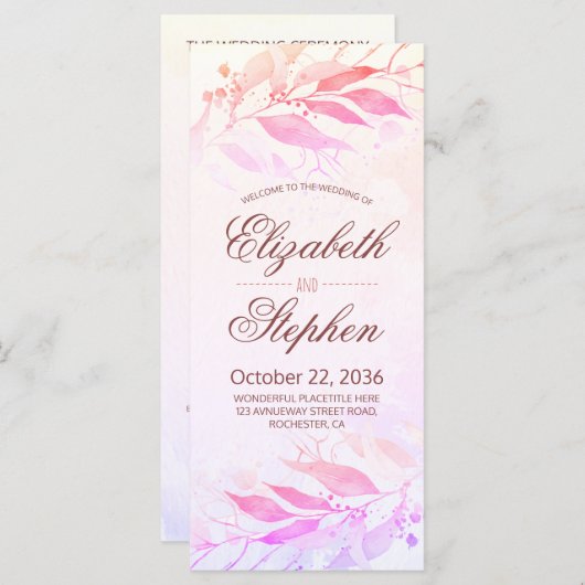 Magenta Watercolor Feuilles Programmes de mariage (Devant / Derrière)