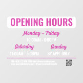Magenta White Retro Script QR Code Opening Hours Raamsticker (Vel)