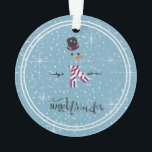 Magic and Wonder Christmas Snowman Blue ID440<br><div class="desc">Beau ornement acrylique de Noël avec un bonhomme de neige stylisé encadré en blanc sur un arrière - plan bleu cadet parsemé de flocons de neige et d'étoiles. La typographie élégante de 'Magic and Wonder' complète le design. Ajoutez votre nom pour personnaliser si vous le souhaitez. Recherchez ID440 pour voir...</div>